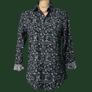 ZARA Blue and Green Floral Button Down Long Sleeve Shirt Size Small Unis…